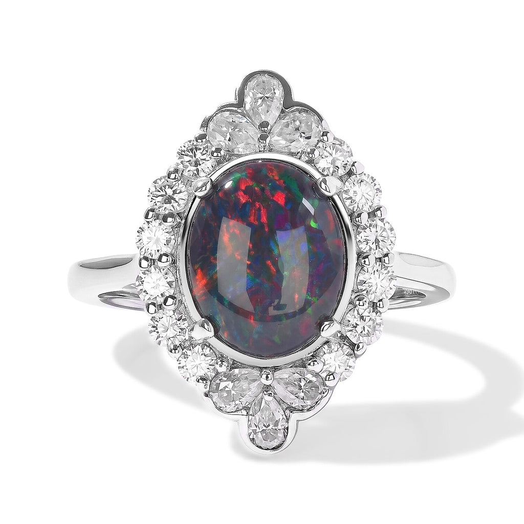D'Joy - Australian Opal Triplet & Moissanite Halo Ring in Rhodium Overlay Sterling Silver 2.50 Ct._8705914