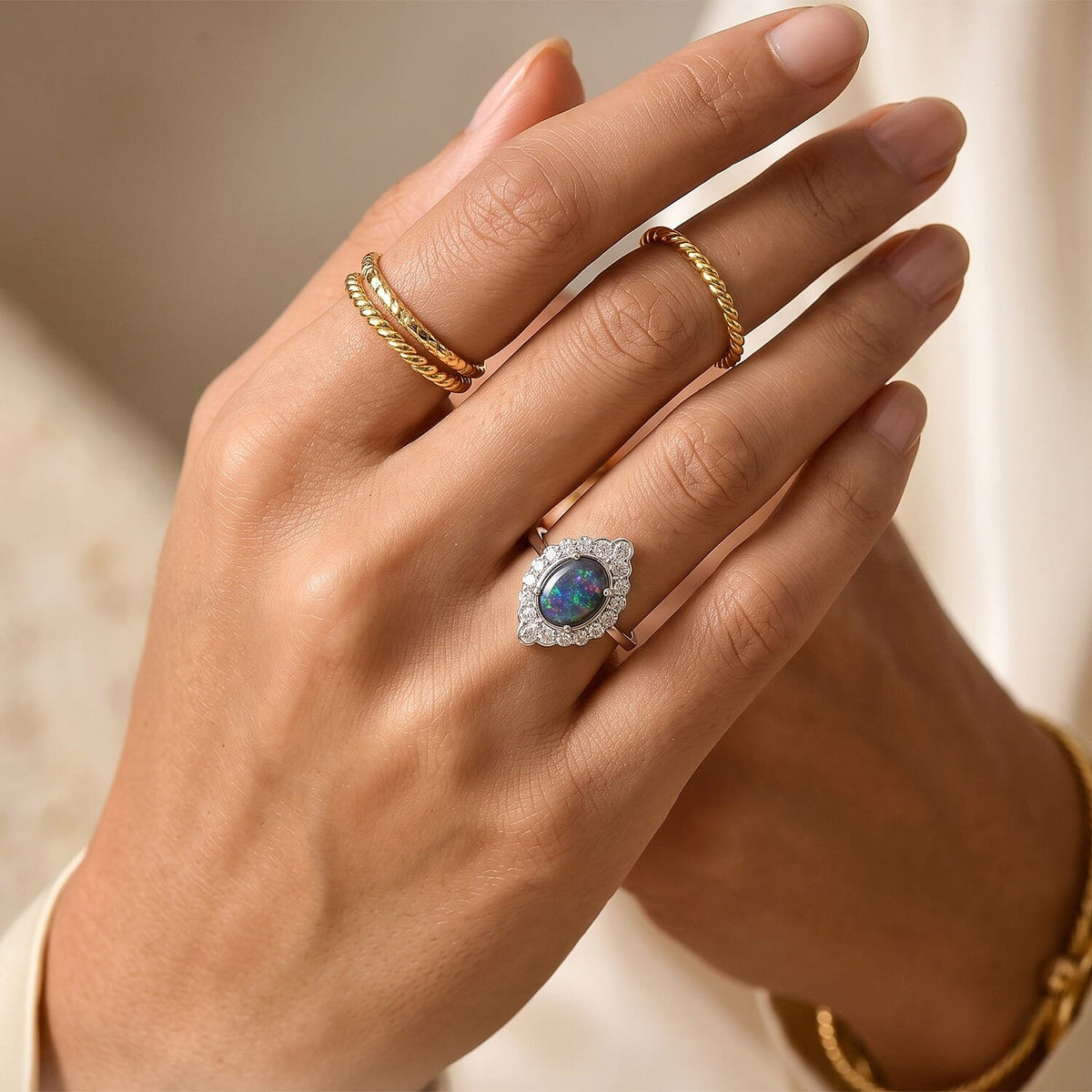 D'Joy - Australian Opal Triplet &amp; Moissanite Halo Ring in Rhodium Overlay Sterling Silver 2.50 Ct. 8705914 2