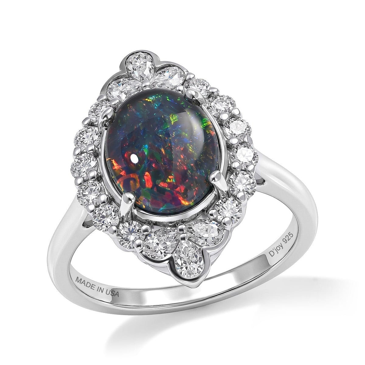 D'Joy - Australian Opal Triplet &amp; Moissanite Halo Ring in Rhodium Overlay Sterling Silver 2.50 Ct. 8705914 3