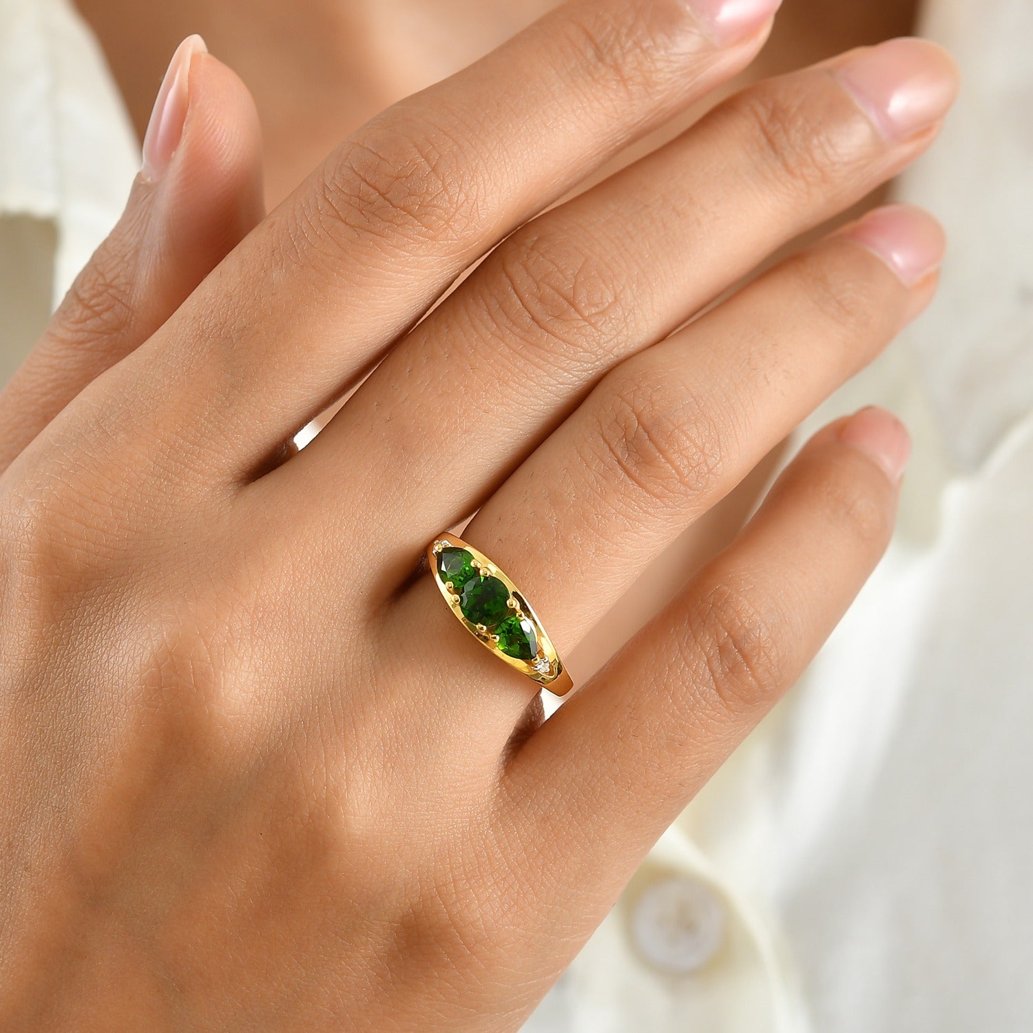Luxuriant - Natural Chrome Diopside &amp; Lab Grown Diamond (SI-G-H) Trilogy Ring in Yellow Gold Plated Sterling Silver 1.33 Ct. 8706441 2