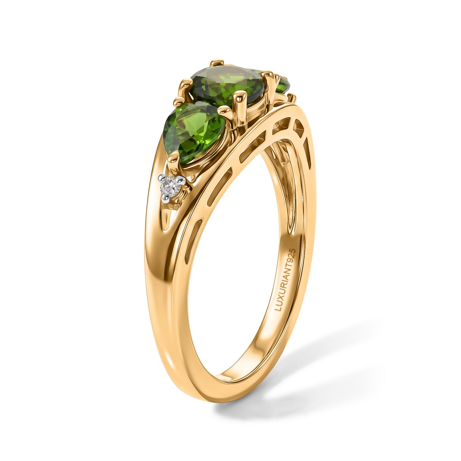 Luxuriant - Natural Chrome Diopside &amp; Lab Grown Diamond (SI-G-H) Trilogy Ring in Yellow Gold Plated Sterling Silver 1.33 Ct. 8706441 4