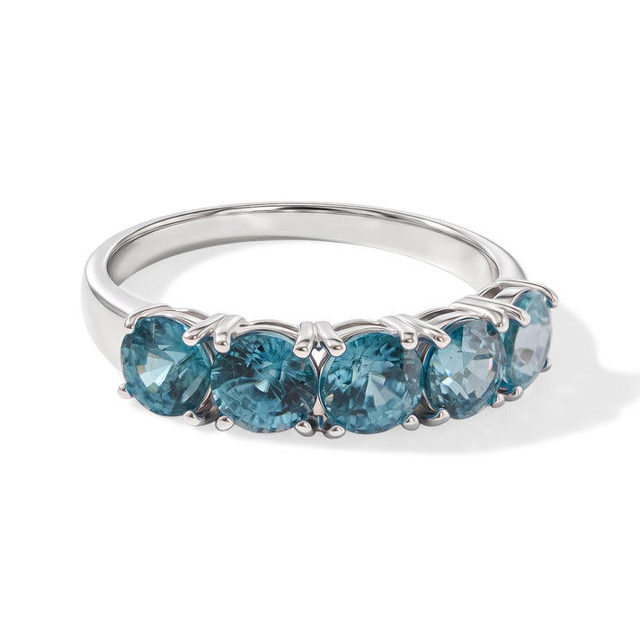 D'Joy - AAA RatanakirI Blue Zircon 5 Stone Ring in Rhodium Overlay Sterling Silver 4.45 Ct. 8706658 1