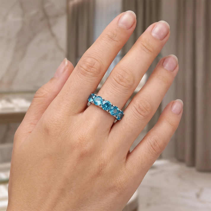 D'Joy - AAA RatanakirI Blue Zircon 5 Stone Ring in Rhodium Overlay Sterling Silver 4.45 Ct. 8706658 2