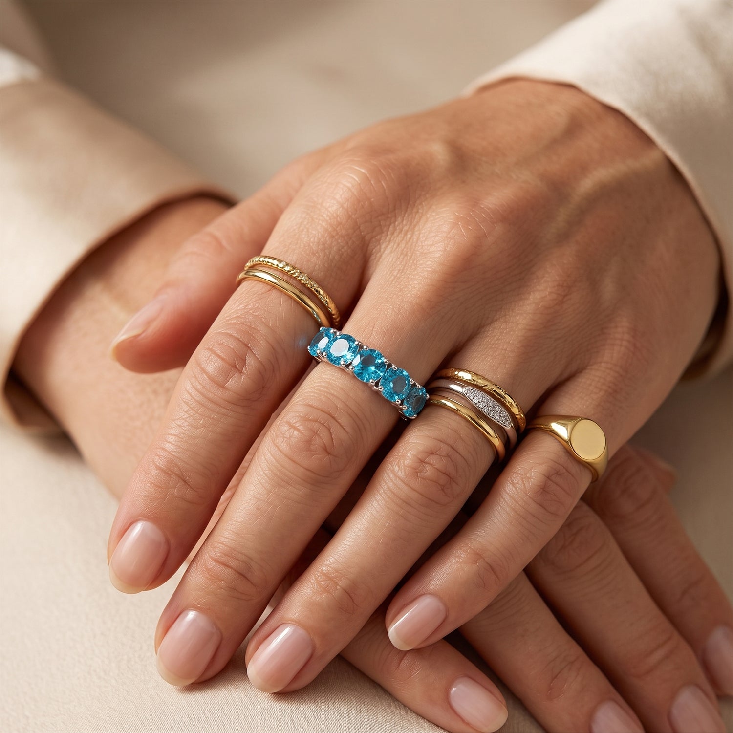 D'Joy - AAA RatanakirI Blue Zircon 5 Stone Ring in Rhodium Overlay Sterling Silver 4.45 Ct. 8706658 3