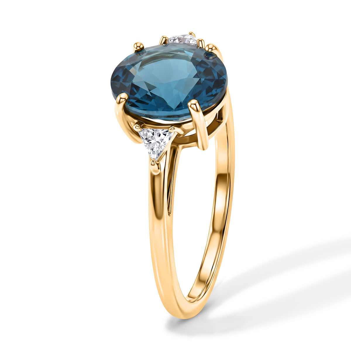 THE BLUE KINGDOM - Luxuriant 9K Yellow Gold AAA RatanakirI Blue Zircon &amp; Lab Grown Diamond (SI/G-H) Trilogy Ring 3.93 Ct. 8706691 4
