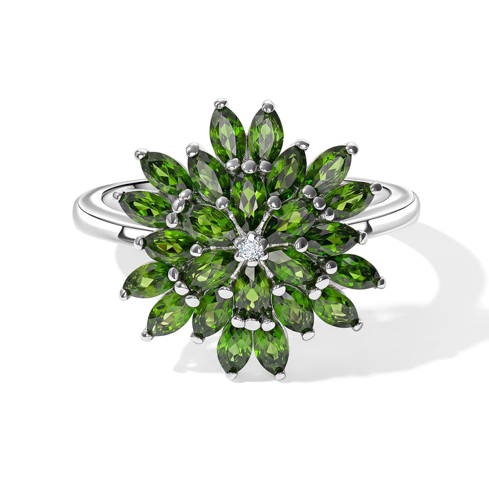 Luxuriant - Natural Chrome Diopside &amp; Lab Grown Diamond (SI/G-H) Floral Cluster Ring in Rhodium Overlay Sterling Silver 2.16 Ct. 8706847 1