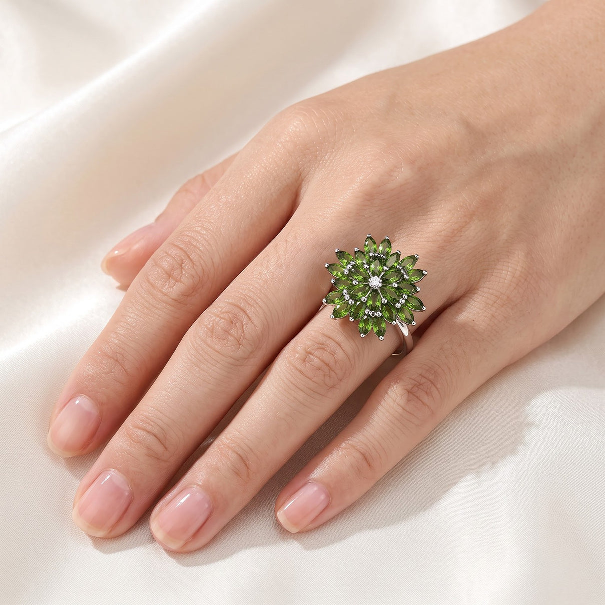 Luxuriant - Natural Chrome Diopside &amp; Lab Grown Diamond (SI-G-H) Floral Cluster Ring in Rhodium Overlay Sterling Silver 2.16 Ct. 8706847 2