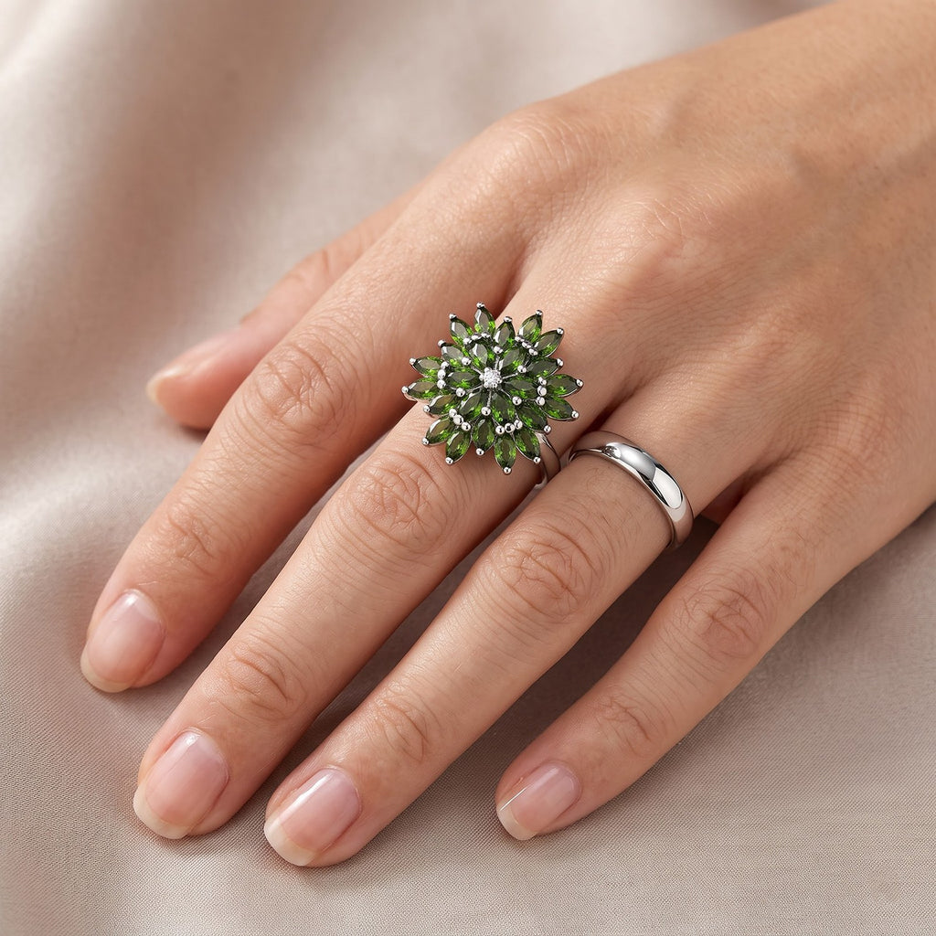Luxuriant Natural Chrome Diopside, Lab Grown Diamond Cluster Ring in Rhodium OverlaySterling Silver  2.165  Ct._8706847_2
