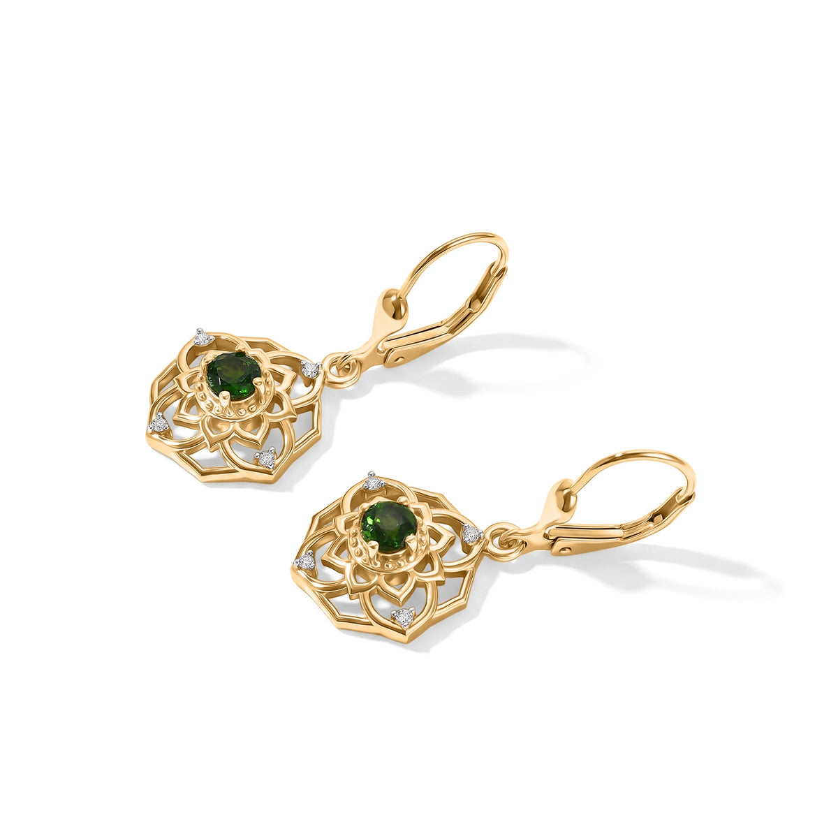 D'Joy - Natural Chrome Diopside &amp; White Zircon Lotus Mandala Earring with Lever Back in Yellow Gold Plated Sterling Silver V32577604 4