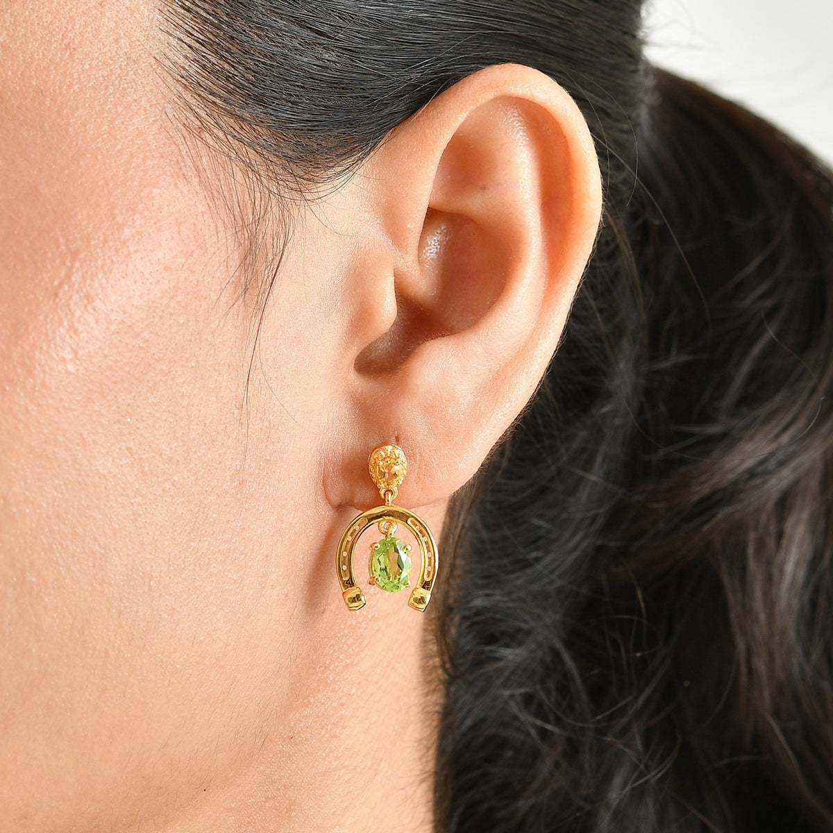 D'Joy - Natural Hebei Peridot &amp; Citrine Horseshoe Dangling Earring with Push Post in Yellow Gold Plated Sterling Silver 2.00 Ct. V32513701 2