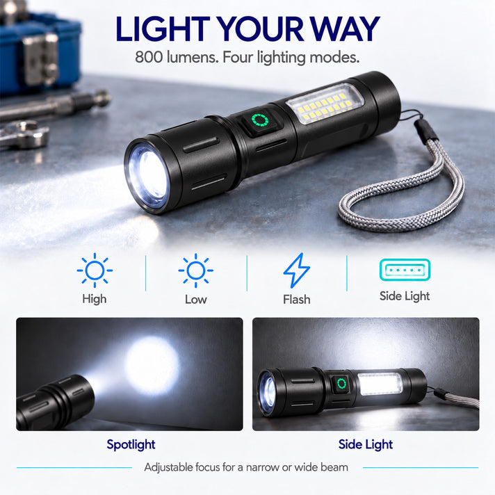 Rechargeable 800 Lumen Tactical LED Torch with COB Side Light &amp; Zoomable Focus - Black 8707647 2