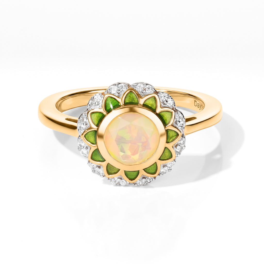 D'Joy - Ethiopian Opal & White Zircon Floral Halo Ring in Yellow Gold Plated Sterling Silver_8707674