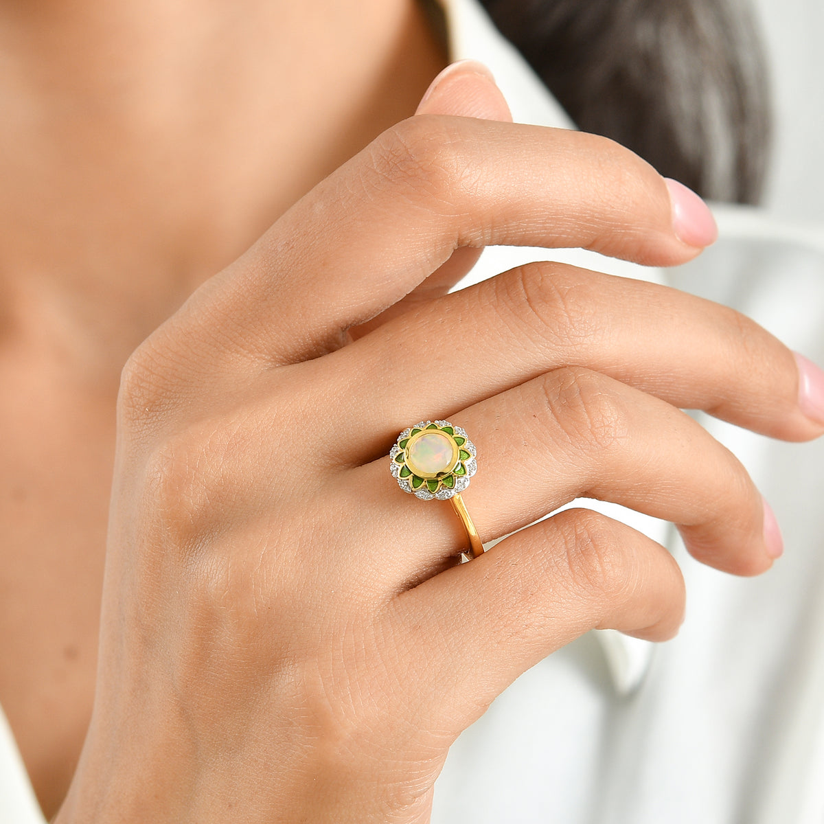D'Joy - Ethiopian Opal &amp; White Zircon Floral Halo Ring in Yellow Gold Plated Sterling Silver 8707674 1