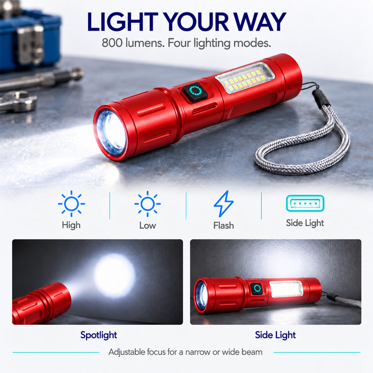 Rechargeable 800 Lumen Tactical LED Torch with COB Side Light ...