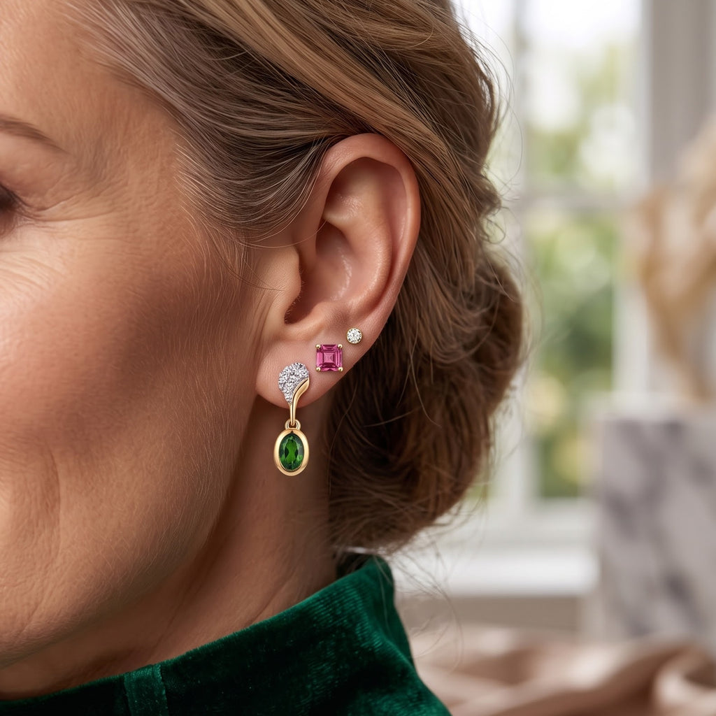 D'Joy - Natural Chrome Diopside & White Zircon Dangling Earring with Push Post in Yellow Gold Plated Sterling Silver 1.20 Ct._8707905_2