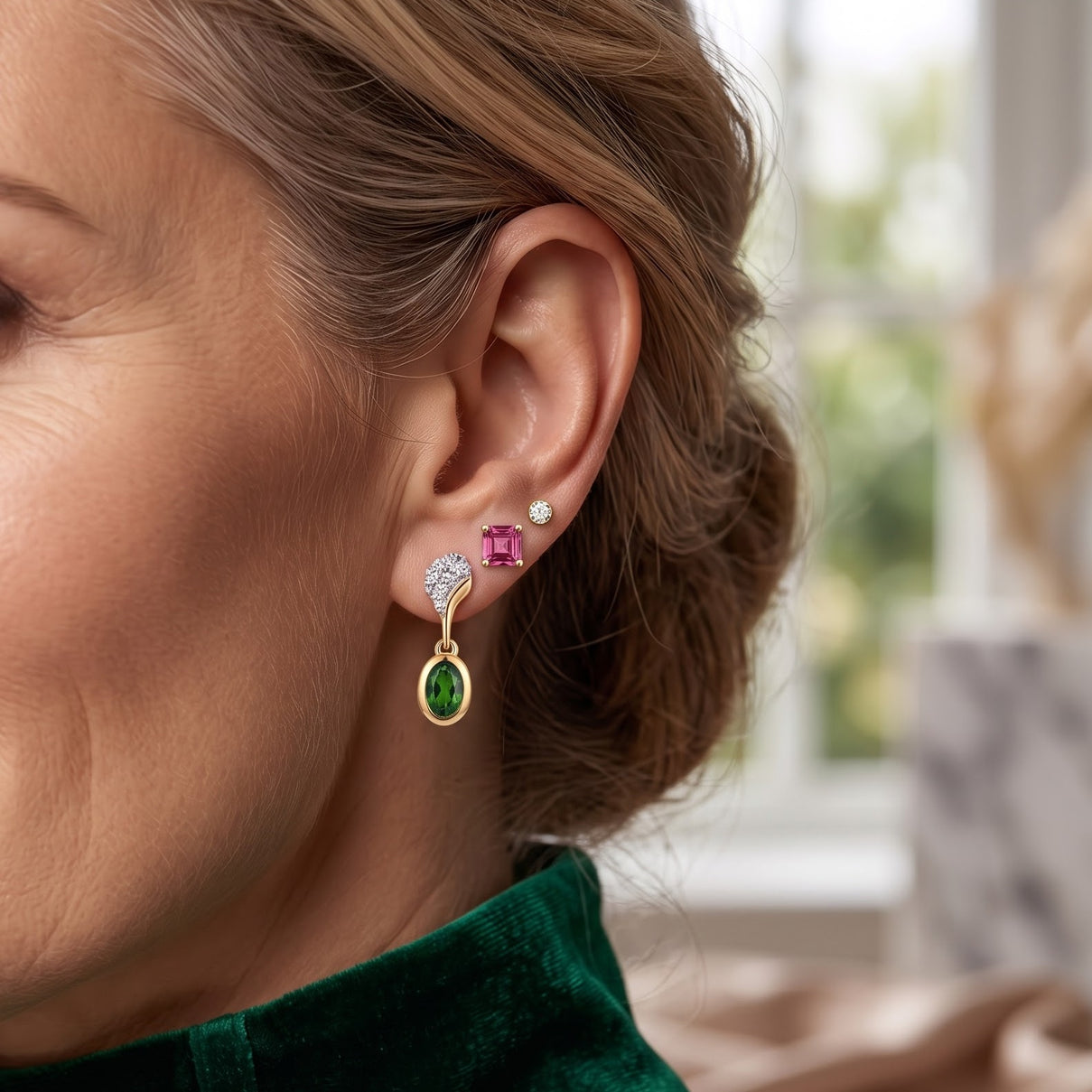 D'Joy - Natural Chrome Diopside &amp; White Zircon Dangling Earring with Push Post in Yellow Gold Plated Sterling Silver 1.20 Ct. 8707905 3