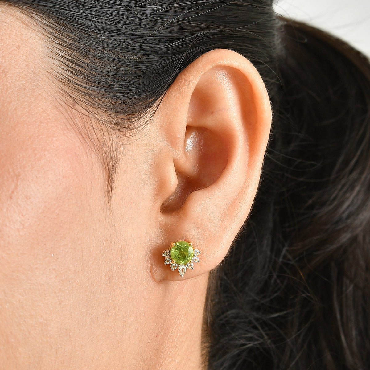 D'Joy - Natural Hebei Peridot &amp; White Topaz Earring with Push Post in Yellow Gold Plated Sterling Silver 2.26 Ct. V32513450 2