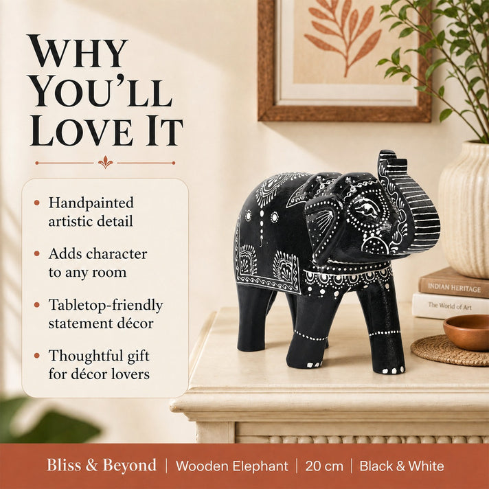 Mango Wood Hand painted Wooden Elephant Decorative Figurine (20cm) - Black &amp; White 8708859 2