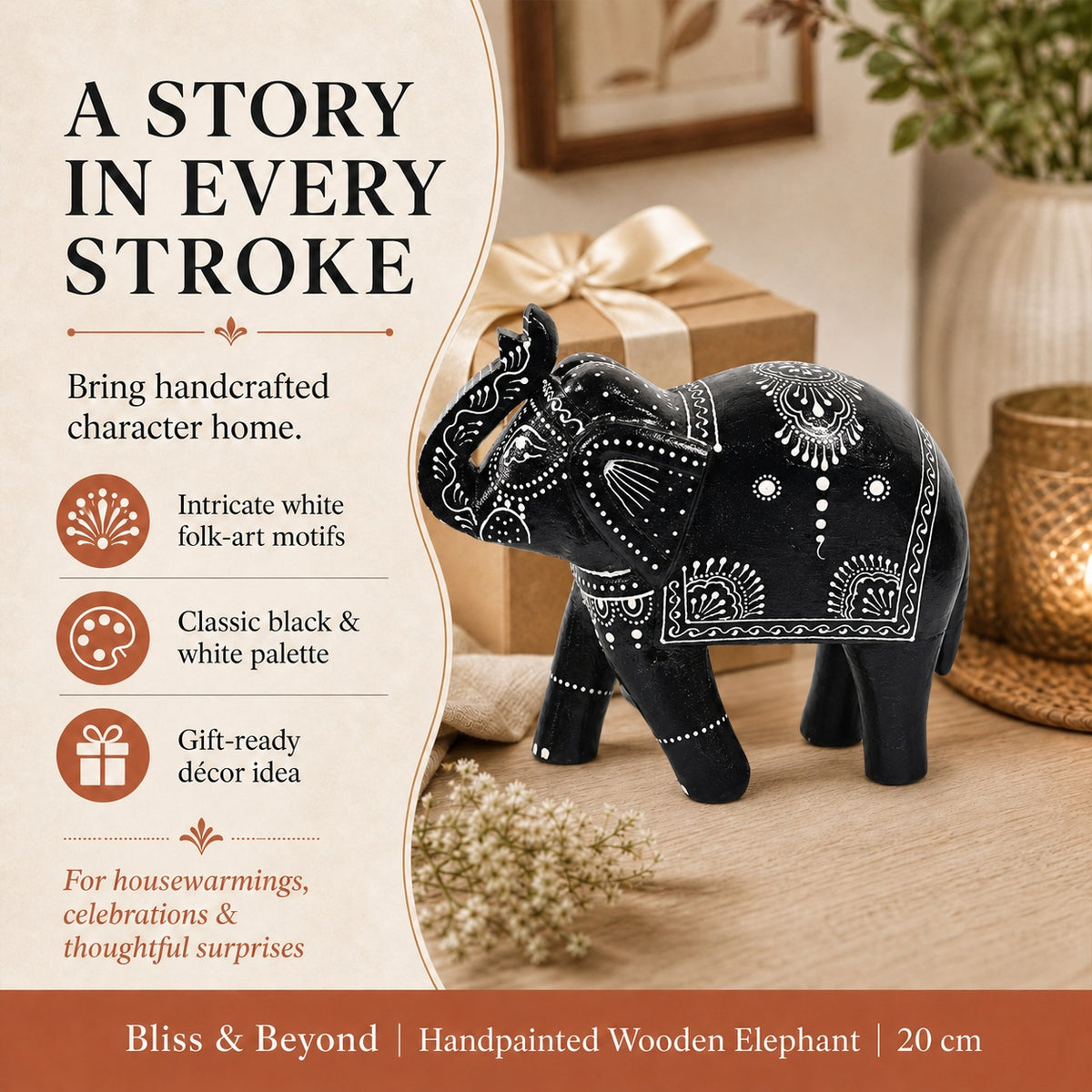 Mango Wood Hand painted Wooden Elephant Decorative Figurine (20cm) - Black &amp; White 8708859 4