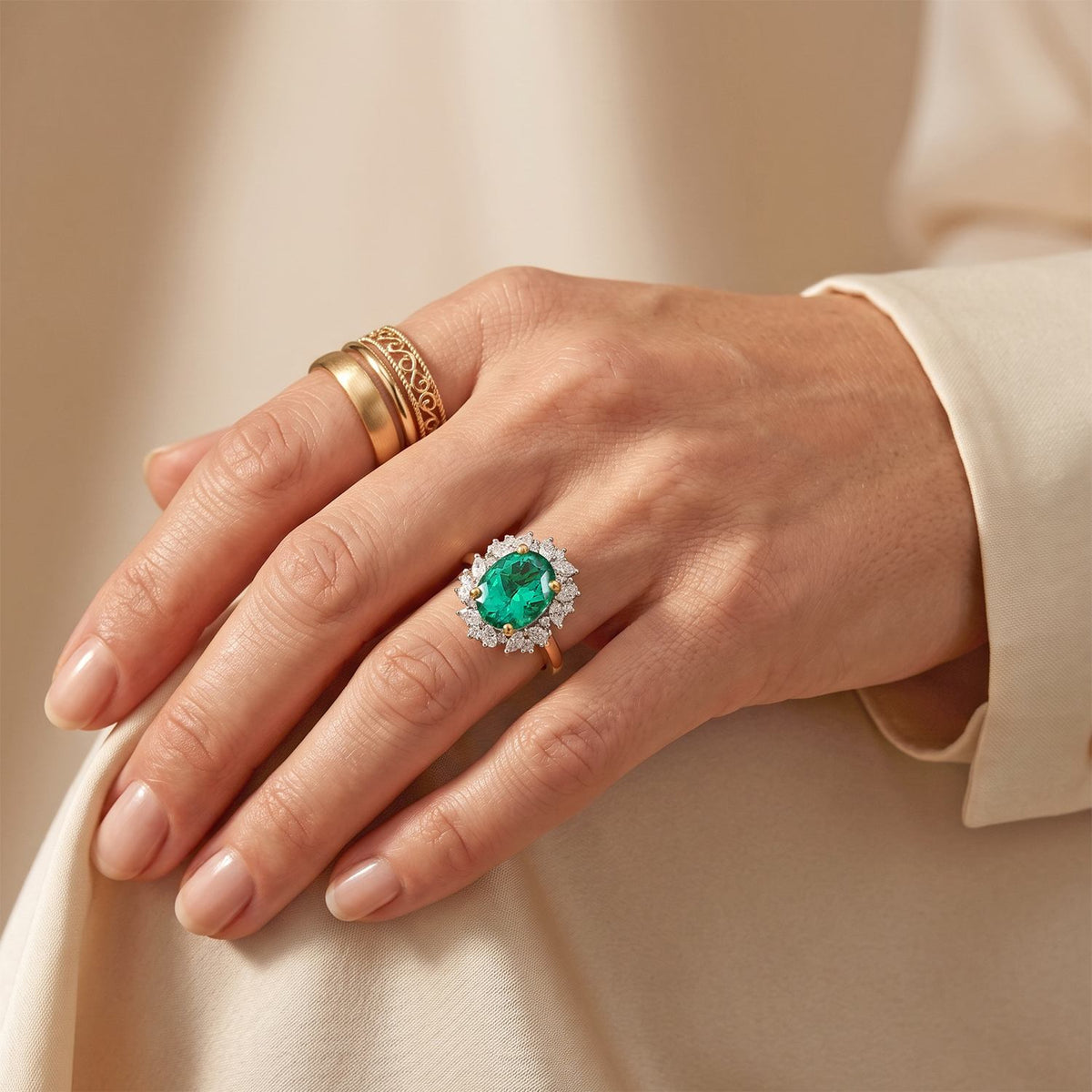 Lab Grown Columbian Emerald (2.40 Cts) &amp; Lab Grown Diamond  (SI/G-H) Halo Ring in 18K Vermeil Yellow Gold Plated Sterling Silver 3.05 Ct. 8708988 3