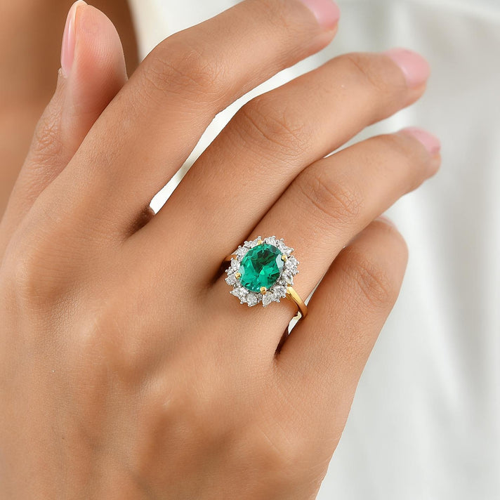 Lab Grown Colombian Emerald (2.40 Cts) &amp; Lab Grown Diamond  (SI/G-H) Halo Ring in 18K Vermeil Yellow Gold Plated Sterling Silver 3.05 Ct. 8708998 2