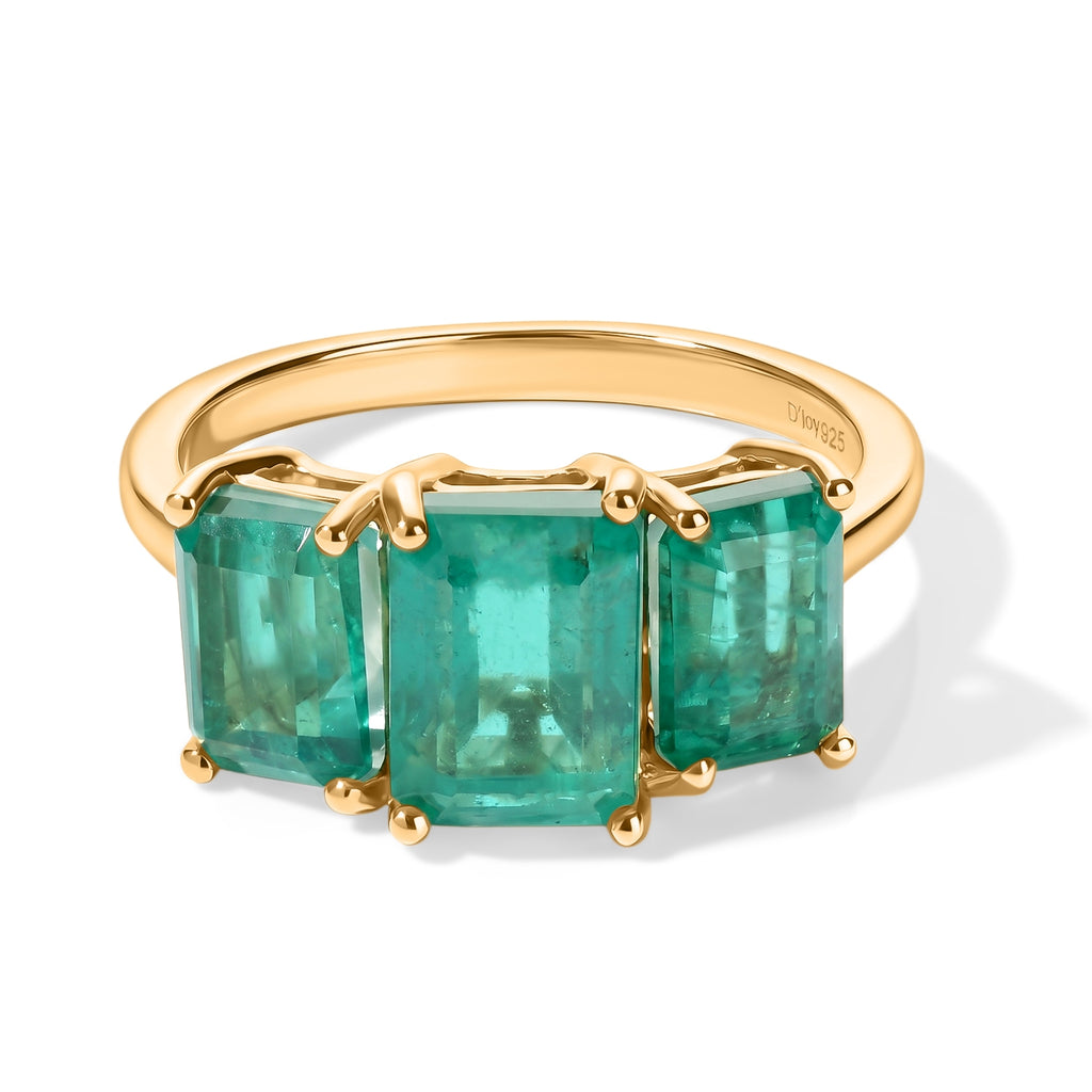 D'Joy - Colombian Colour Emeraldine Quartz Trilogy Ring in Yellow Gold Plated Sterling Silver 3.57 Ct._8709309