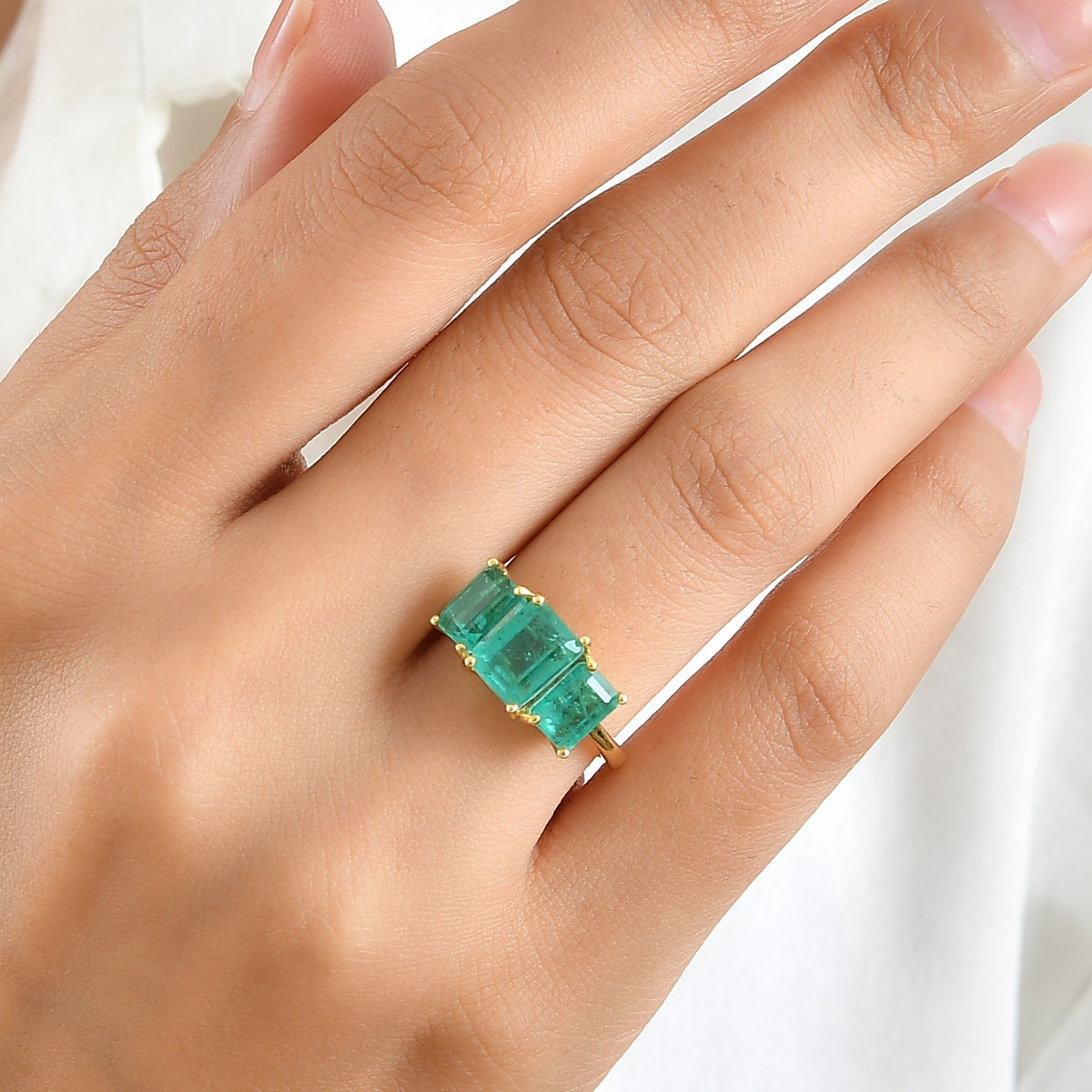 D'Joy - Colombian Colour Emeraldine Quartz Trilogy Ring in Yellow Gold Plated Sterling Silver 3.57 Ct. 8709309 2