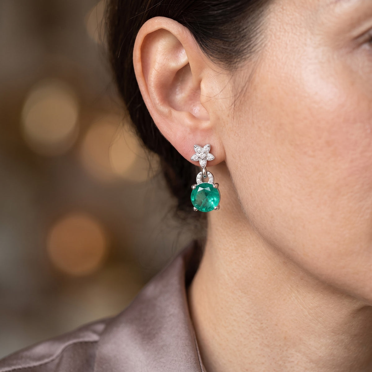 D'Joy - Colombian Colour Emeraldine Quartz &amp; White Zircon Dangling Earring with Push Back in Platinum Overlay Sterling Silver 3.78 Ct. V32666490 2