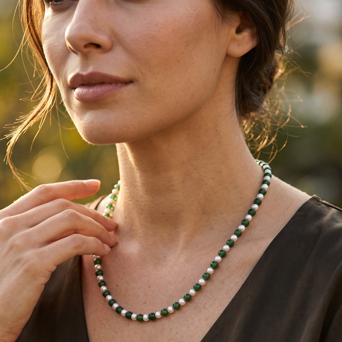 D'Joy - Natural Chrome Diopside &amp; Chinese Akoya Pearl Adjustable Beads Necklace (Size - 20-2 Ext) in Yellow Gold Plated Sterling Silver 90.00 Ct. 8709420 1