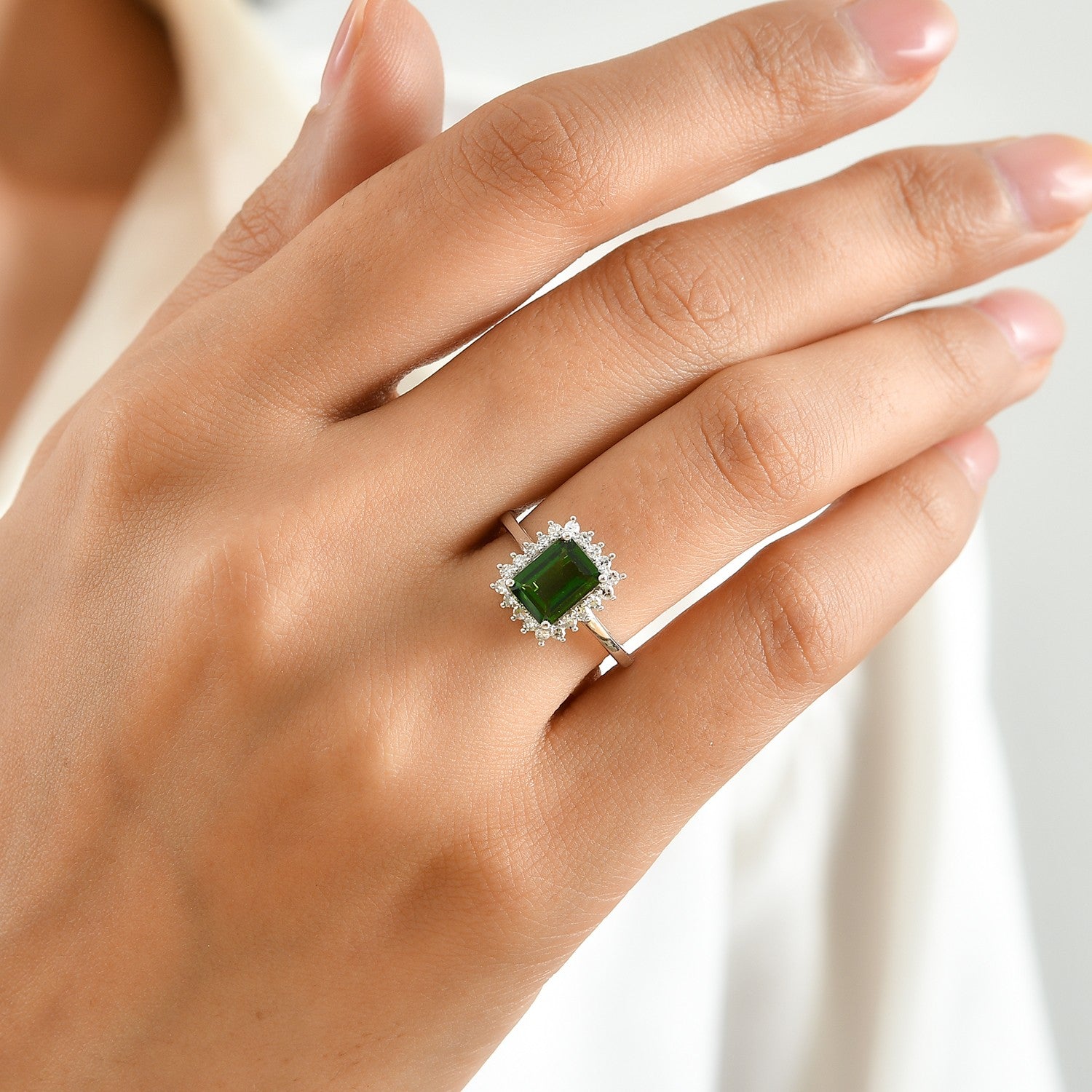 Luxuriant - Natural Chrome Diopside &amp; Lab Grown Diamond (SI-G-H) Halo Ring in Rhodium Overlay Sterling Silver 1.82 Ct. 8709905 2