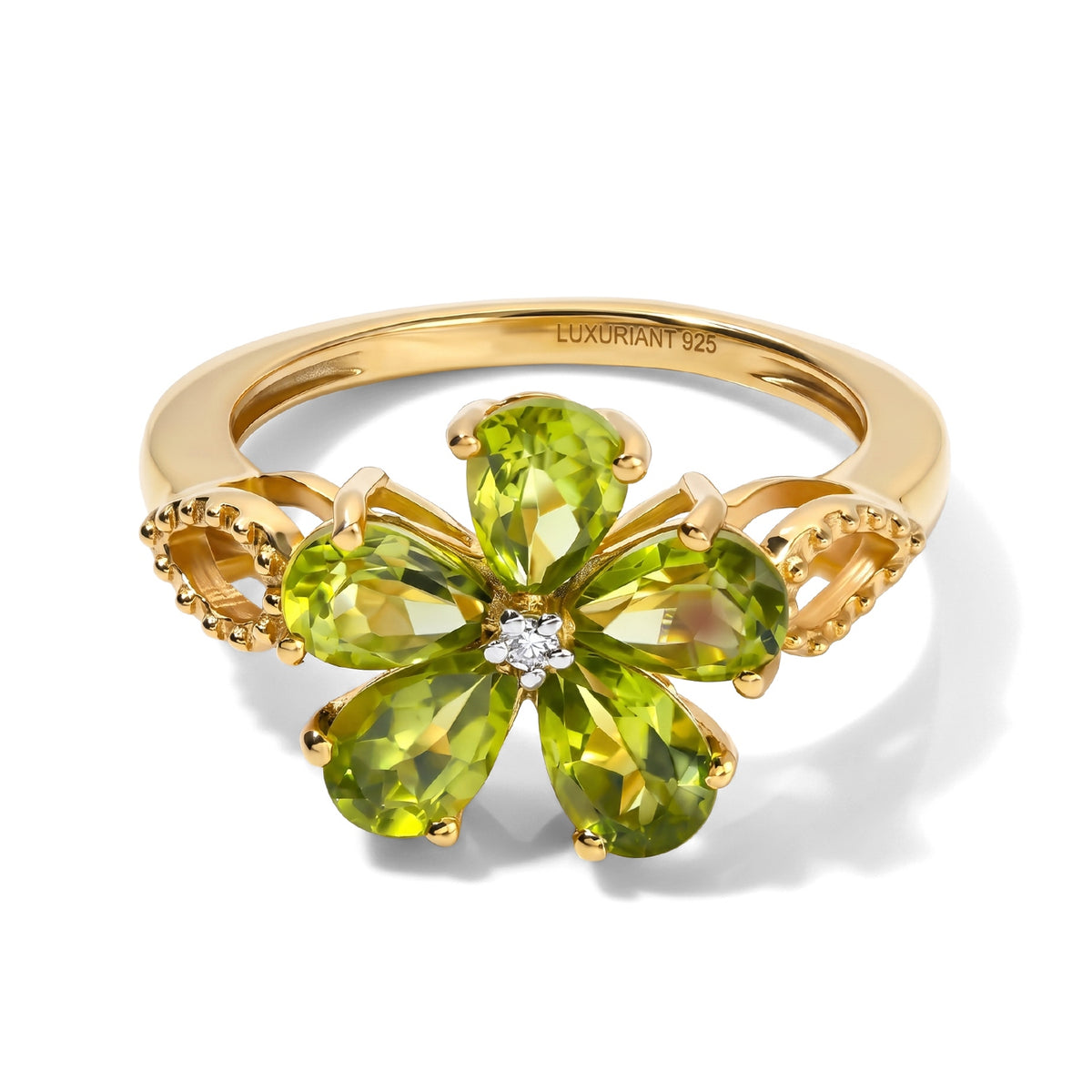 Luxuriant - Natural Hebei Peridot &amp; Lab Grown Diamond (SI/G-H) Floral Ring in Yellow Gold Plated Sterling Silver 2.30 Ct. V32520592 0