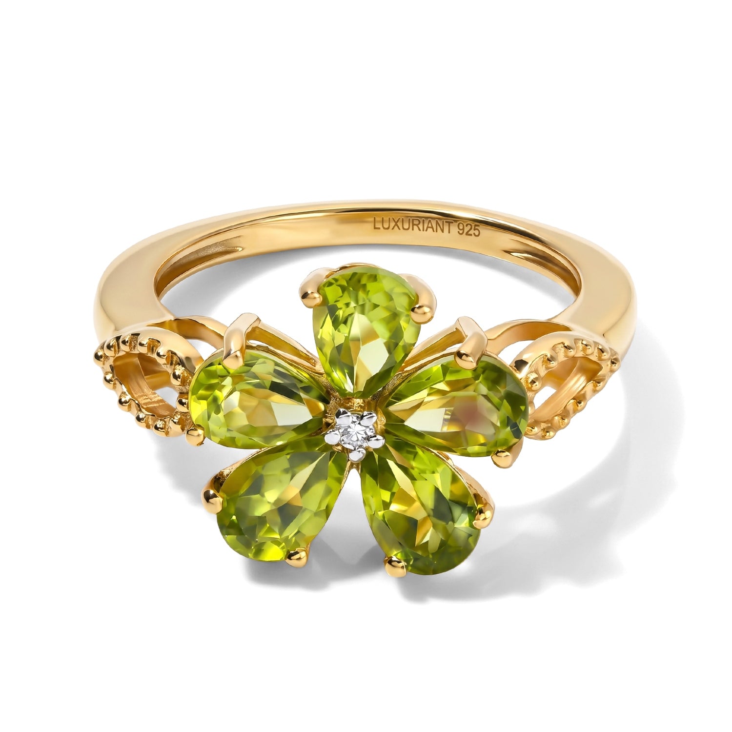 Luxuriant - Natural Hebei Peridot &amp; Lab Grown Diamond (SI/G-H) Floral Ring in Yellow Gold Plated Sterling Silver 2.30 Ct. V32520592 0
