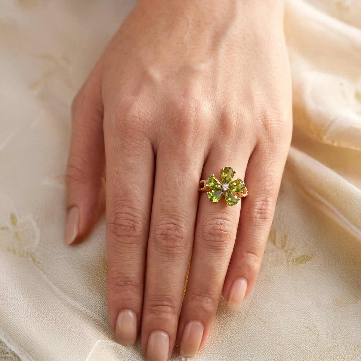 Luxuriant - Natural Hebei Peridot &amp; Lab Grown Diamond (SI/G-H) Floral Ring in Yellow Gold Plated Sterling Silver 2.30 Ct. V32520592 2