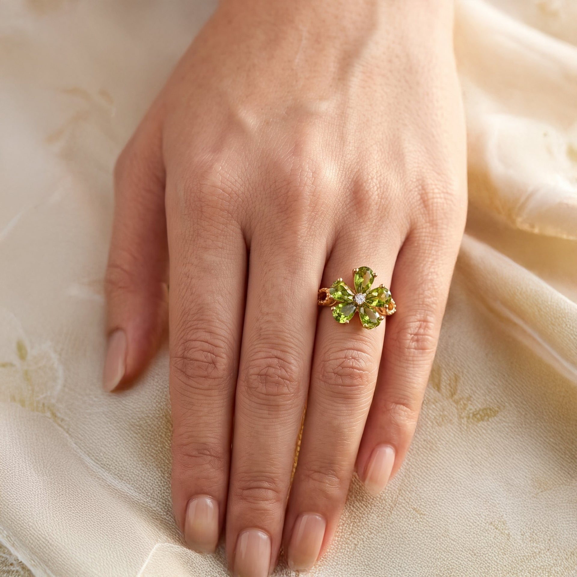 Luxuriant - Natural Hebei Peridot &amp; Lab Grown Diamond (SI/G-H) Floral Ring in Yellow Gold Plated Sterling Silver 2.30 Ct. V32520592 2