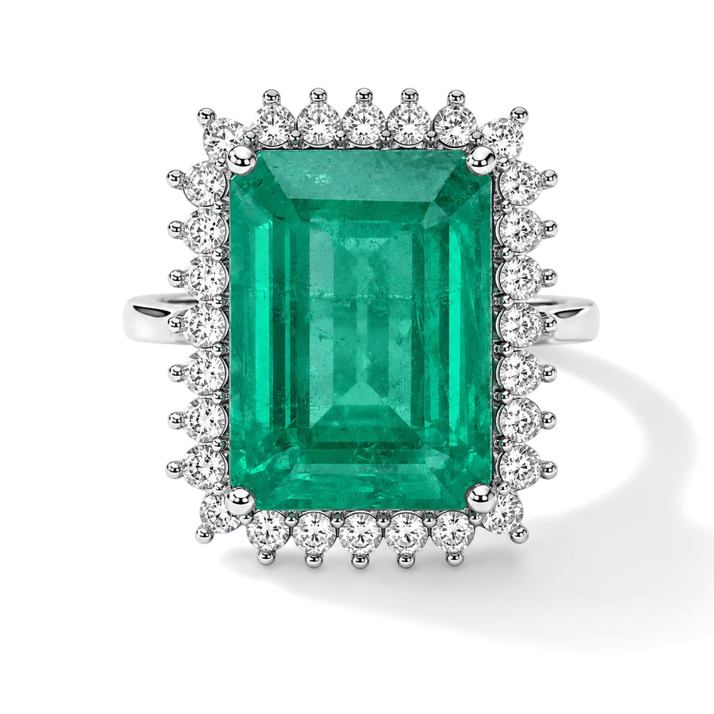 D'Joy - Colombian Colour Emeraldine Quartz & White Zircon Ring in Rhodium Overlay Sterling Silver 14.30 Ct._8710080