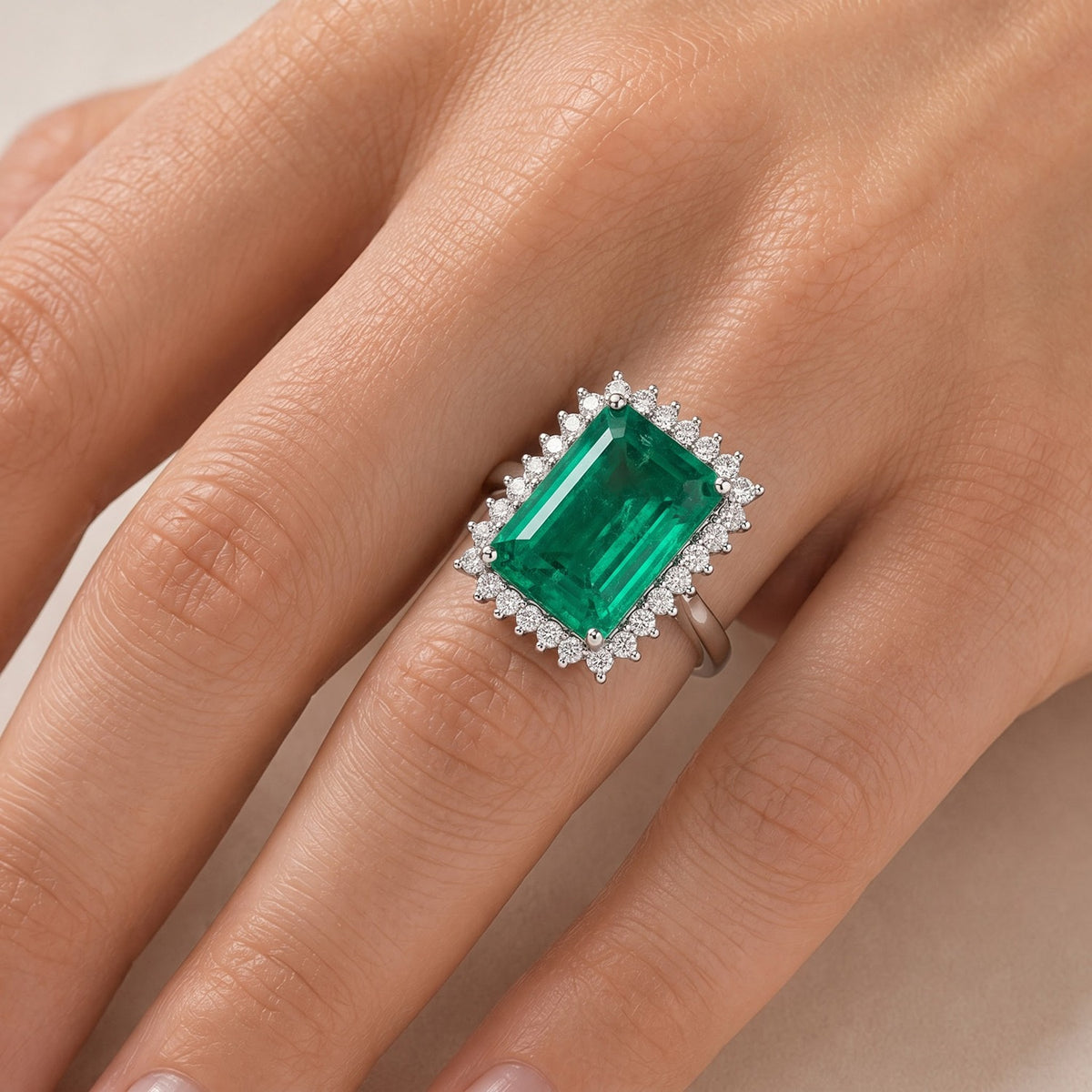 D'Joy - Colombian Colour Emeraldine Quartz &amp; White Zircon Halo Ring in Rhodium Overlay Sterling Silver 14.30 Ct. 8710080 2