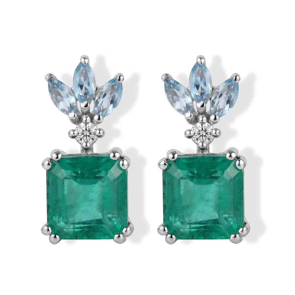 D'Joy - Colombian Colour Emeraldine Quartz, Swiss Blue Topaz & Moissanite Earring with Push Back in Platinum Overlay Sterling Silver 4.10 Ct._8710092
