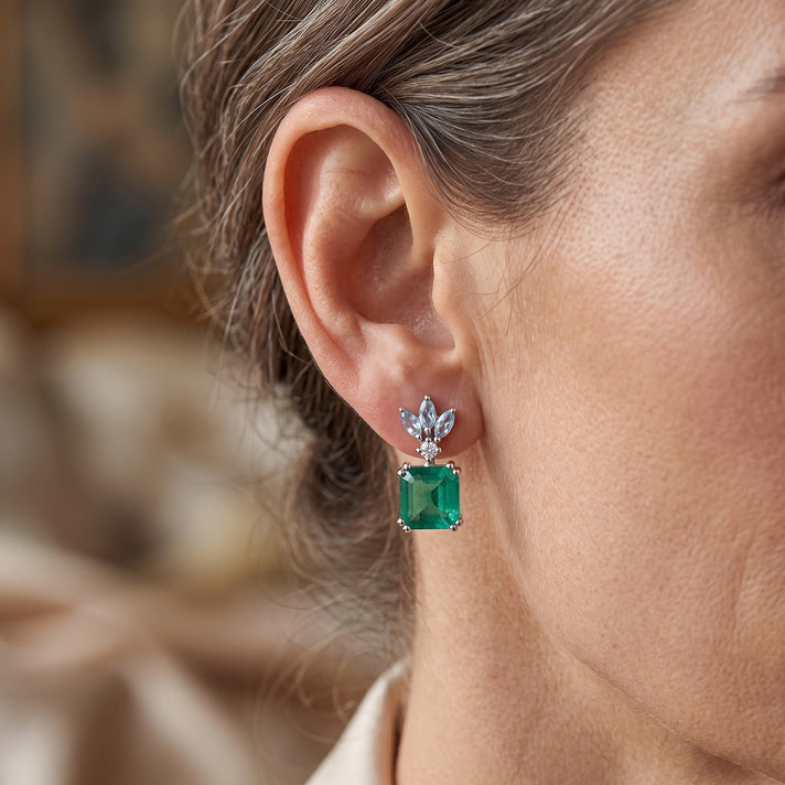 D'Joy - Colombian Colour Emeraldine Quartz, Swiss Blue Topaz &amp; Moissanite Earring with Push Back in Platinum Overlay Sterling Silver 4.10 Ct. 8710092 2
