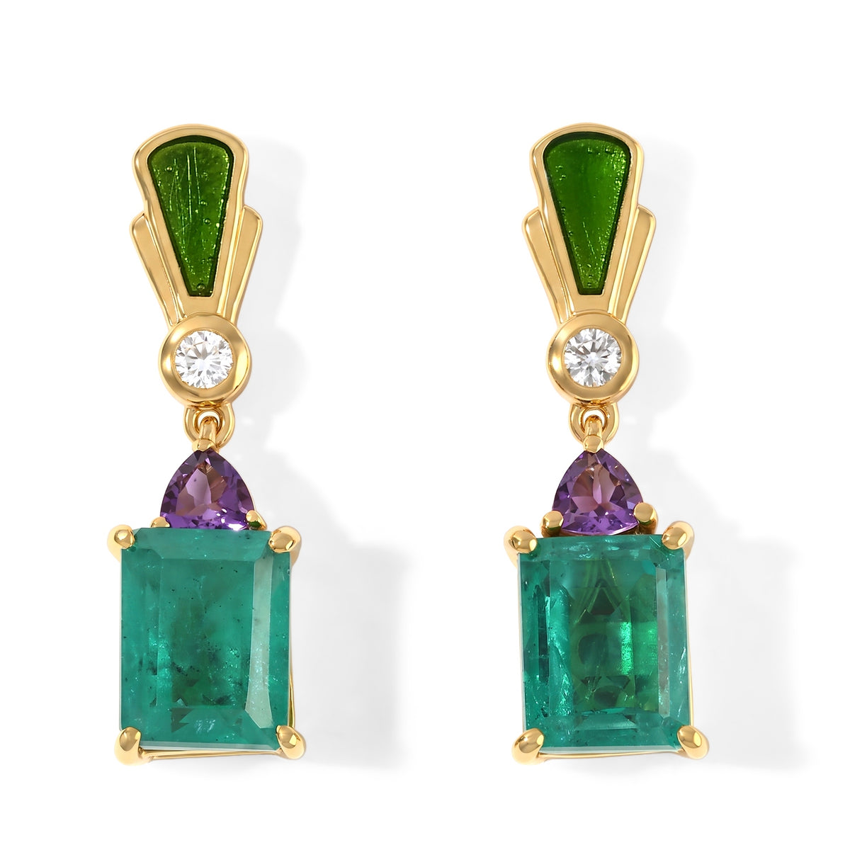 D'Joy - Colombian Colour Emeraldine Quartz, White Zircon &amp; African Amethyst Dangling Earring with Push Post in Yellow Gold Plated Sterling Silver 6.35 Ct. V32638651 0