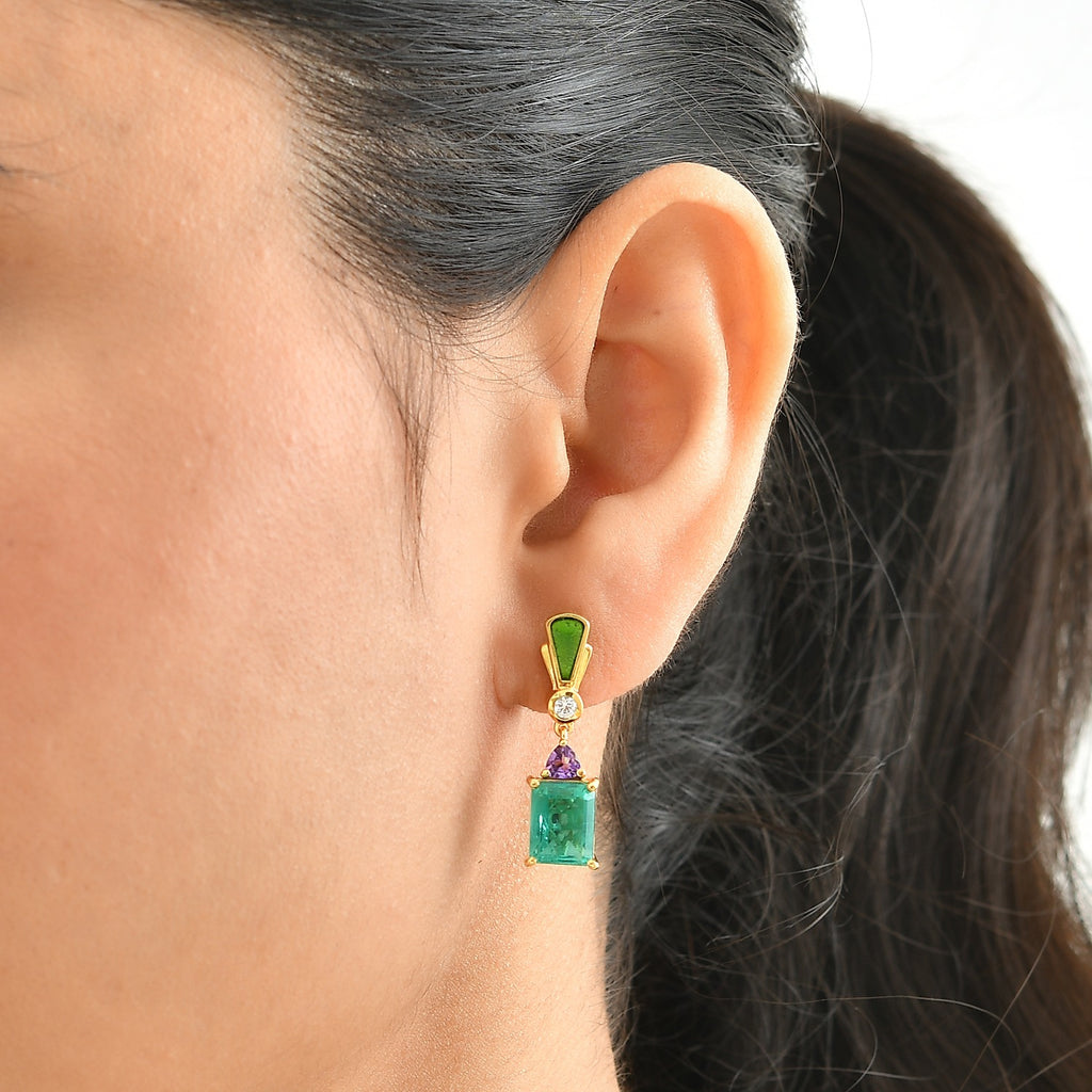 D'Joy - Colombian Colour Emeraldine Quartz, White Zircon & African Amethyst Dangling Earring with Push Post in Yellow Gold Plated Sterling Silver 6.35 Ct._8710093_1