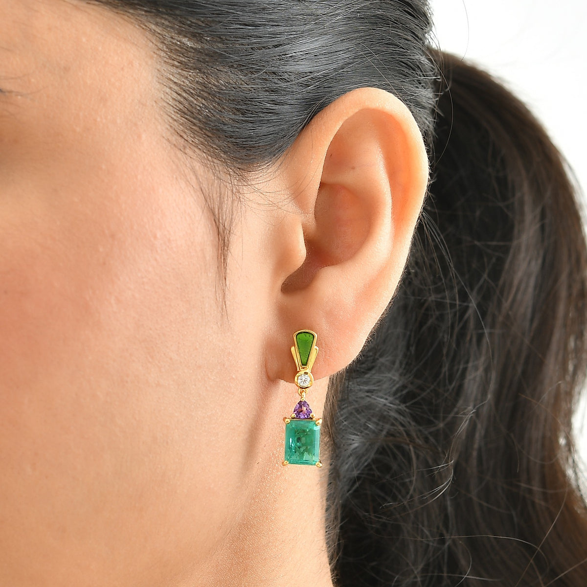 D'Joy - Colombian Colour Emeraldine Quartz, White Zircon &amp; African Amethyst Dangling Earring with Push Post in Yellow Gold Plated Sterling Silver 6.35 Ct. V32638651 2
