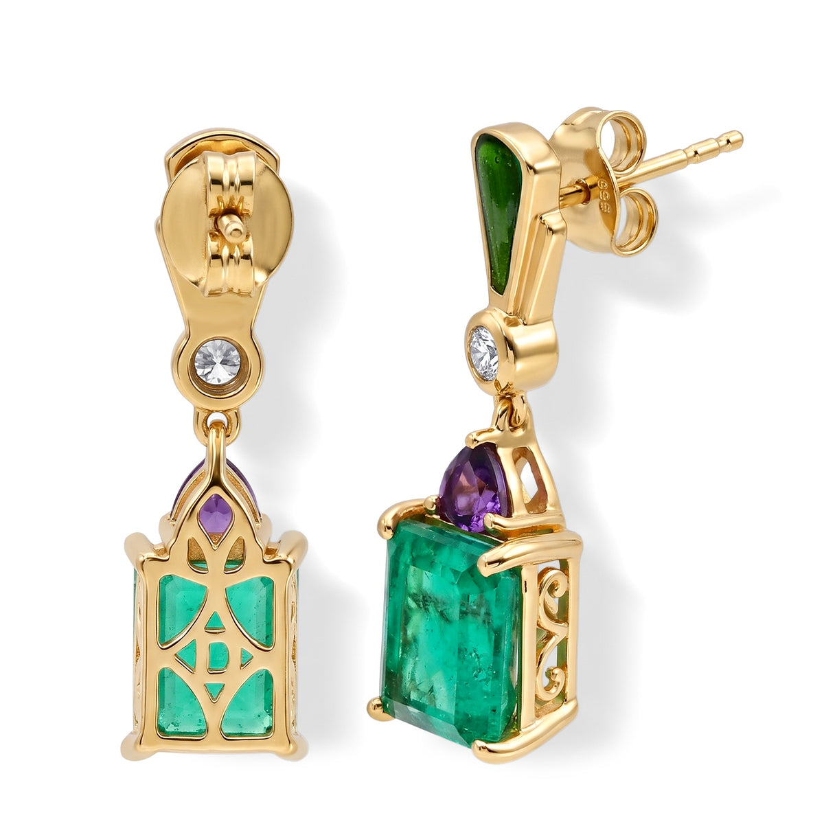 D'Joy - Colombian Colour Emeraldine Quartz, White Zircon &amp; African Amethyst Dangling Earring with Push Post in Yellow Gold Plated Sterling Silver 6.35 Ct. V32638651 3