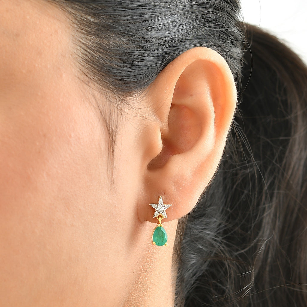 D'Joy - Colombian Colour Emeraldine Quartz & White Zircon Dangling Earring with Push Post in Yellow Gold Plated Sterling Silver 2.20 Ct._8710145_1