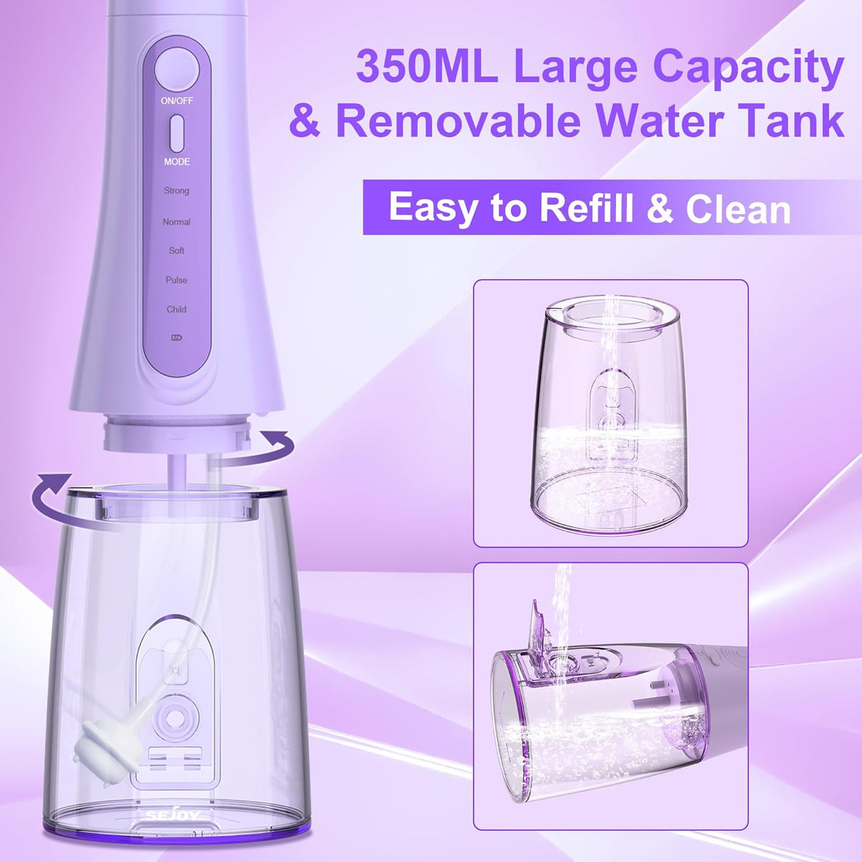 SEJOY Cordless Water Flosser with 5 Cleaning Modes, 6 Jet Tips &amp; IPX7 Waterproof Design - Purple 8712276 3