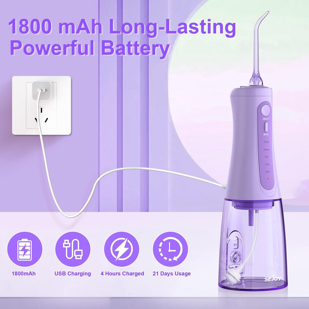 SEJOY Cordless Water Flosser with 5 Cleaning Modes, 6 Jet Tips & IPX7 Waterproof Design - Purple_8712276_4