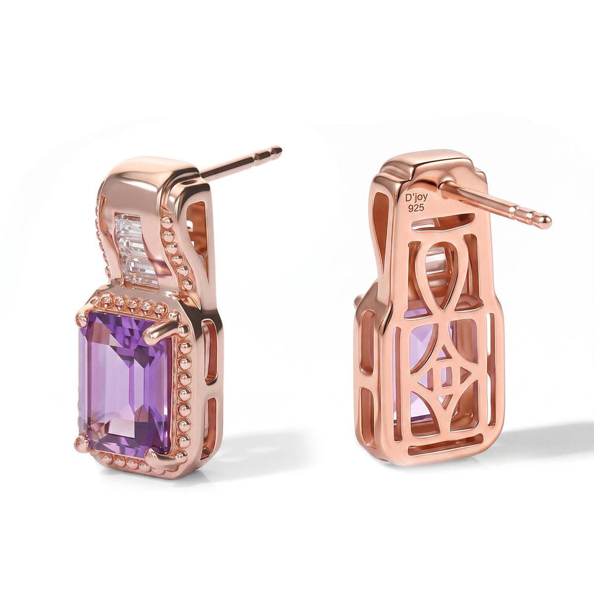 D'Joy - Rose De France Amethyst &amp; Moissanite Earring with Push Post in Rose Gold Plated Sterling Silver 3.15 Ct. 8712632 2