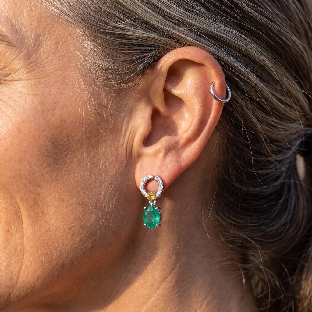 D'Joy - Colombian Colour Emeraldine Quartz, Citrine & White Zircon Dangling Earring with Push Post in Platinum Overlay Sterling Silver 3.87 Ct._8712702_2