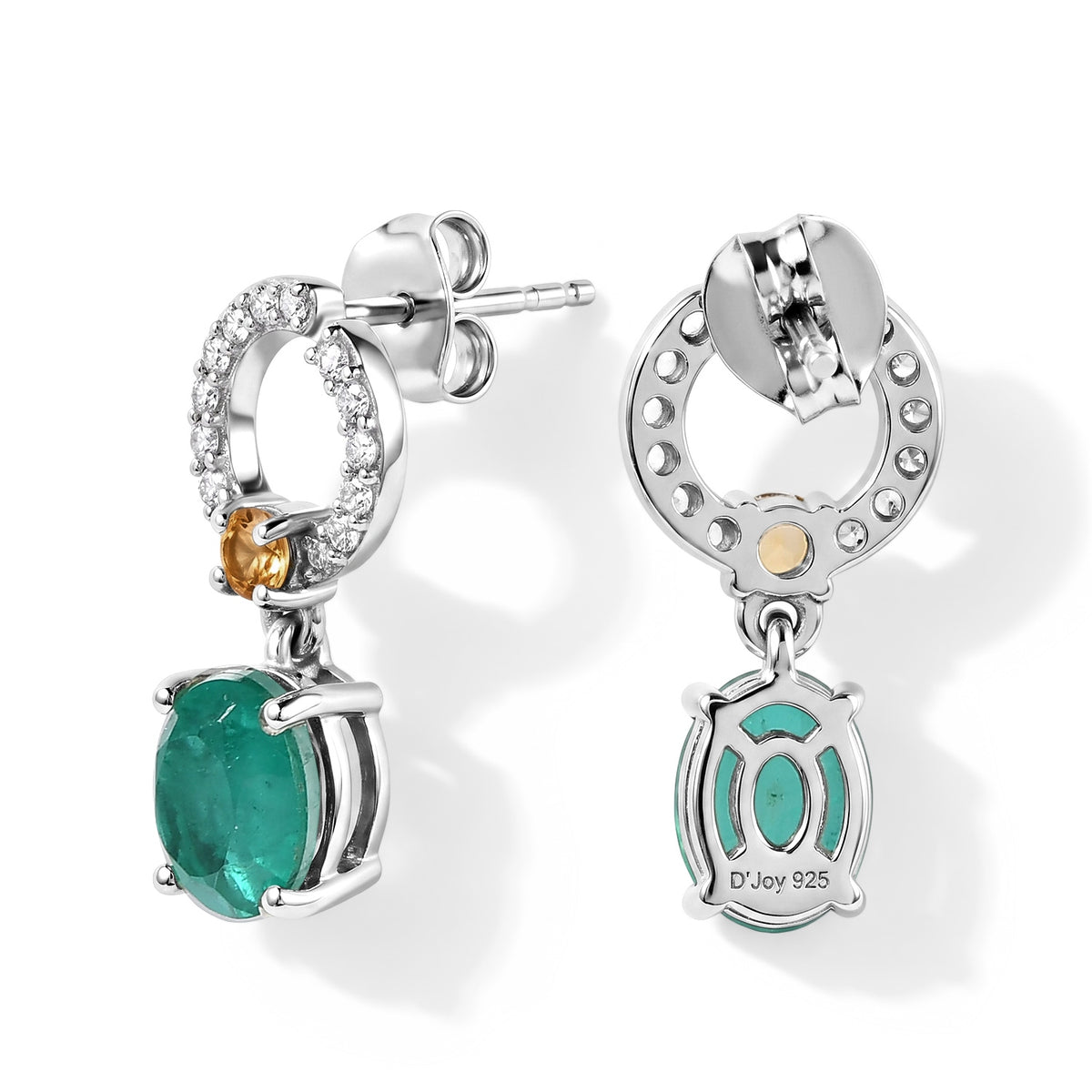D'Joy - Colombian Colour Emeraldine Quartz, Citrine &amp; White Zircon Dangling Earring with Push Post in Platinum Overlay Sterling Silver 3.87 Ct. V32638380 4