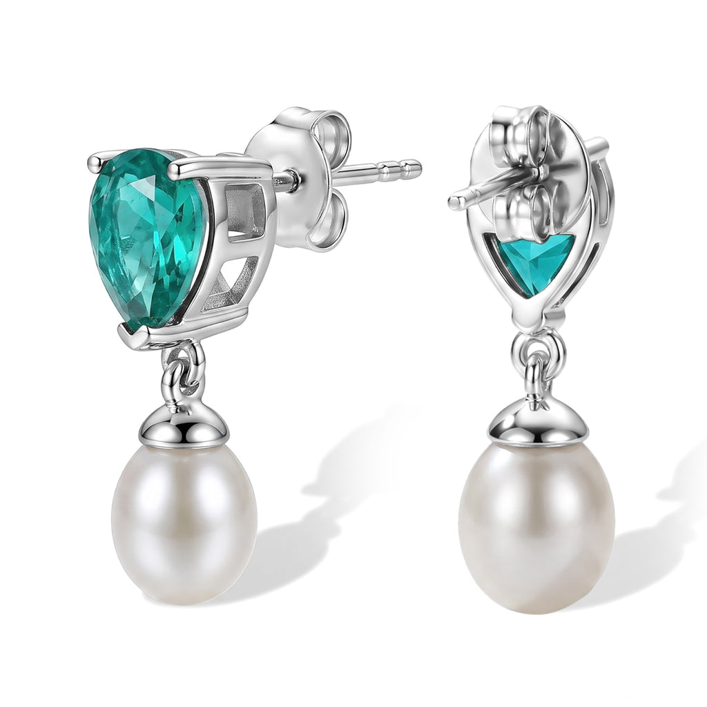 Colombian Colour Emeraldine Quartz & Fresh Water Pearl Dangling Earring with Push Post in Platinum Overlay Sterling Silver 7.33 Ct._8712703_2