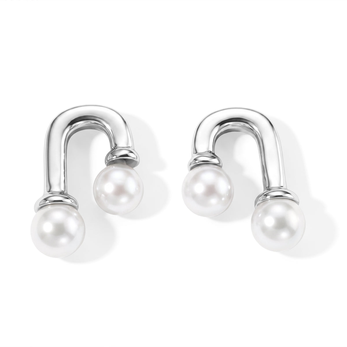 White Fresh Water Pearl U-Shaped Earring with Push Back in Rhodium Overlay Sterling Silver V32667982 0
